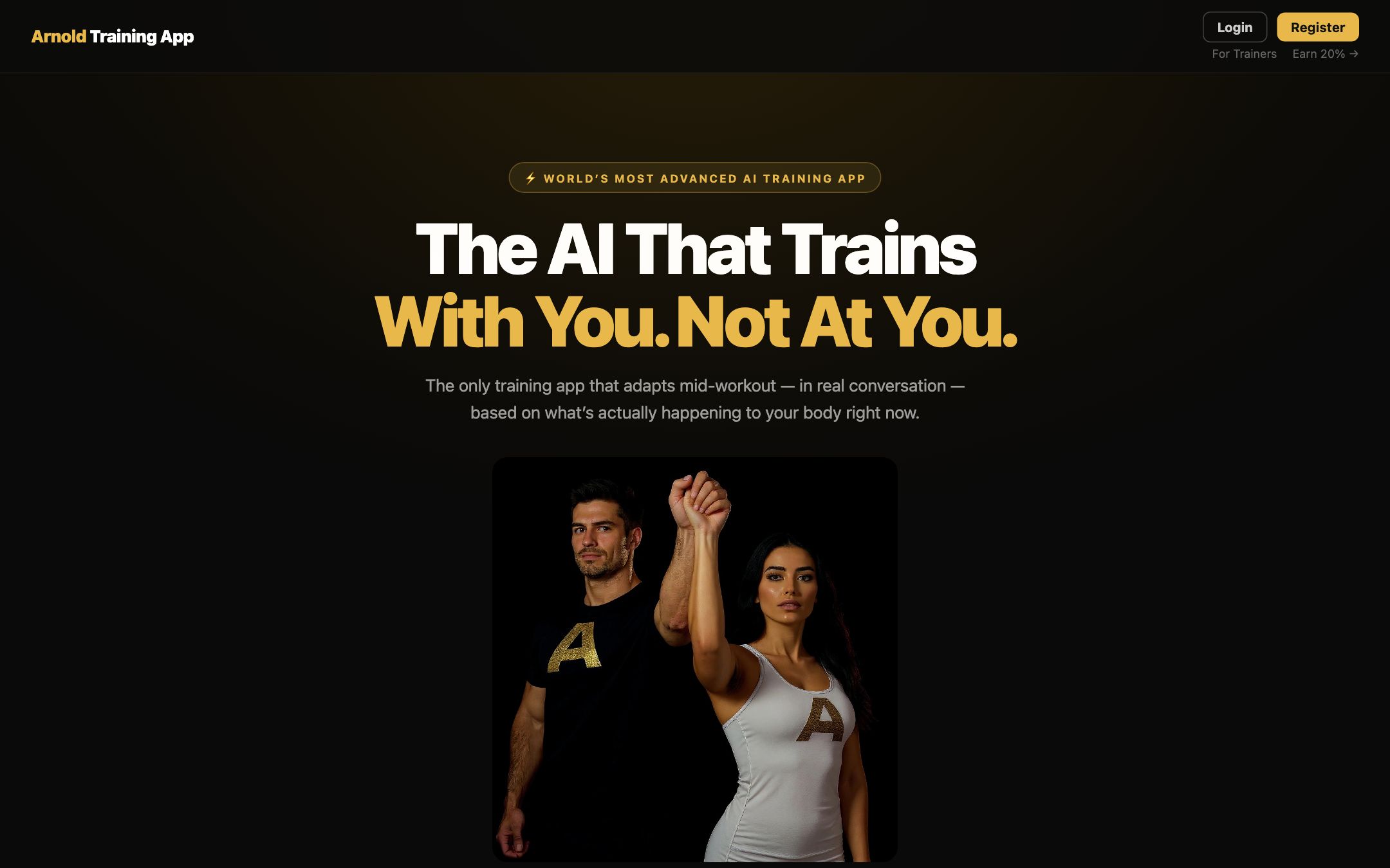 Arnold Training App landing page: The AI that trains with you, not at you