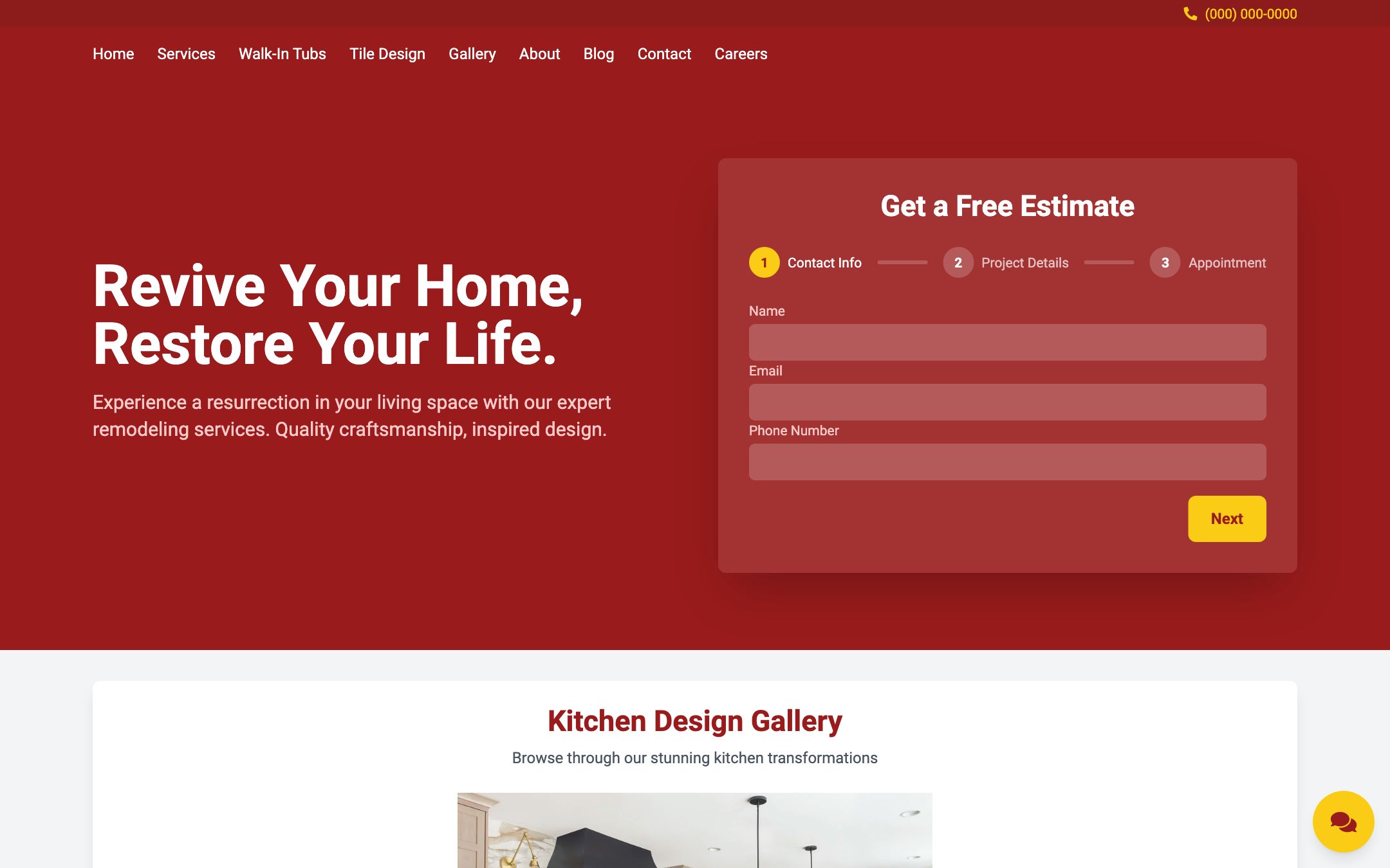 Home remodeling site with a three-step free-estimate form and kitchen design gallery