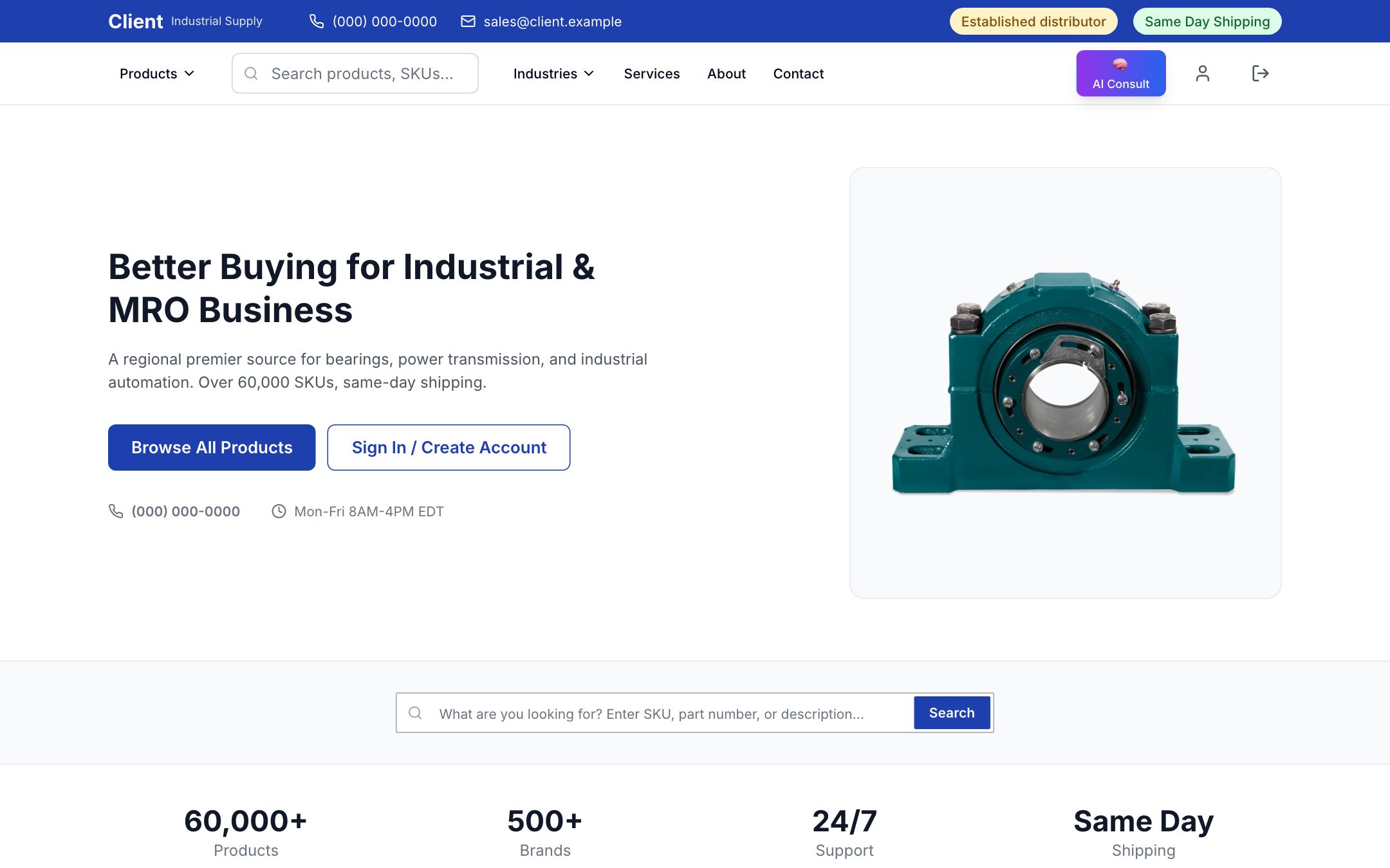Storefront home page with search, category navigation and sign-in