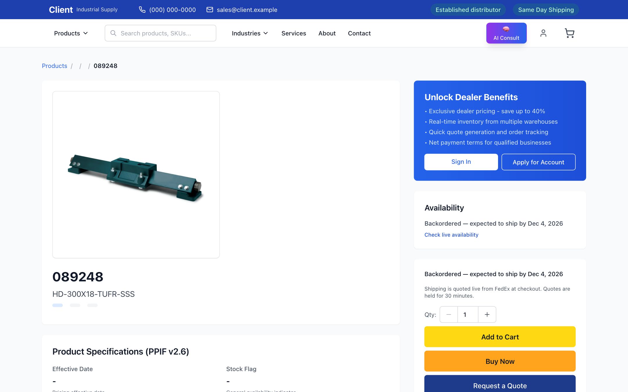 Product detail page with availability, dealer-benefit prompt and cart actions