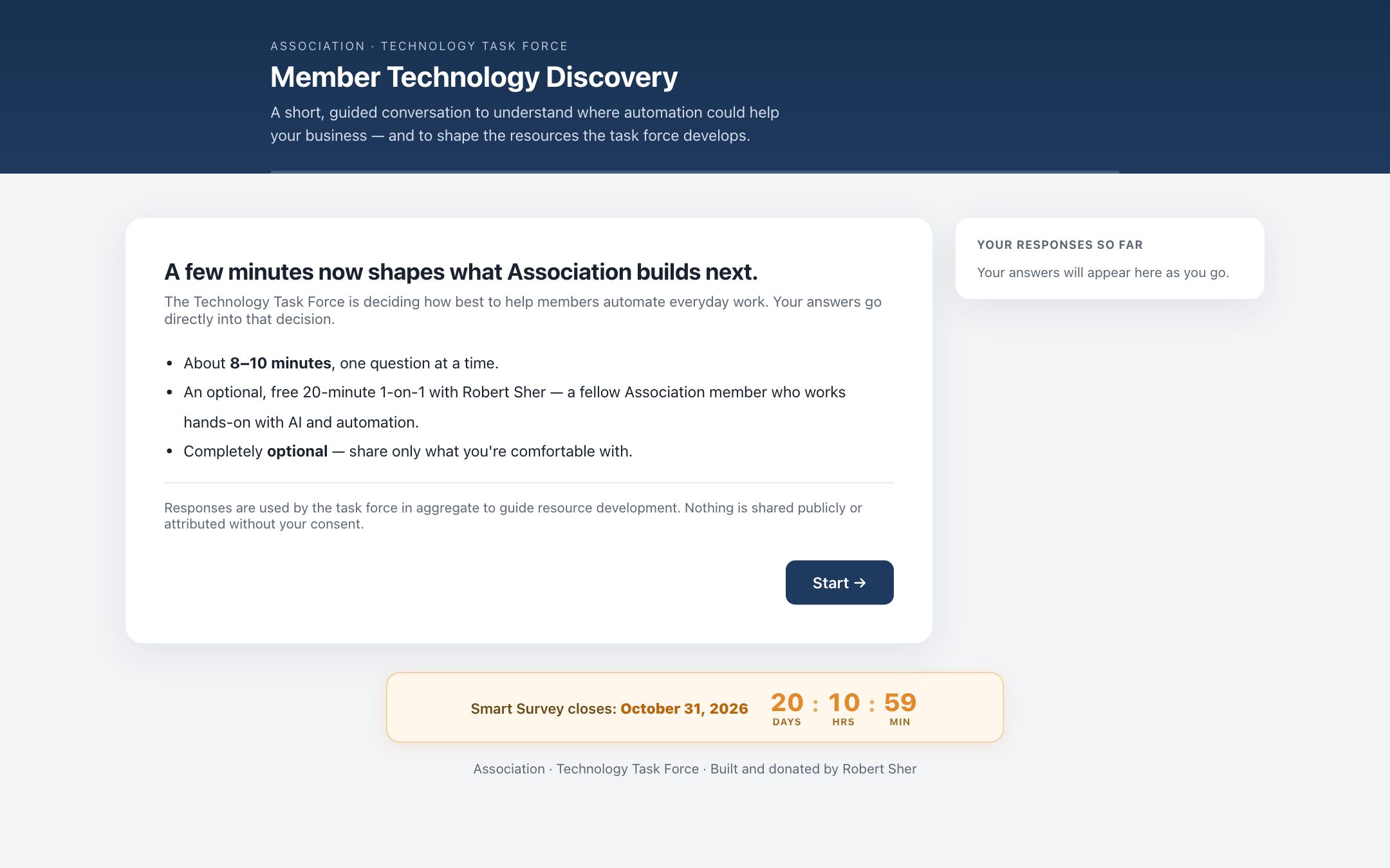 Survey welcome screen: a few minutes now shapes what the association builds next